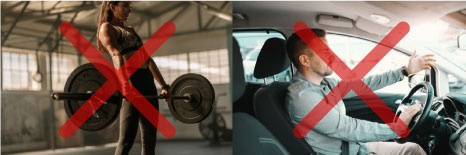 Images with red Xs over weightlifting and driving, showing activities to avoid after cosmetic surgery