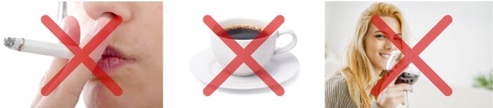 Icons showing no smoking, no coffee, and no alcohol after a cosmetic procedure