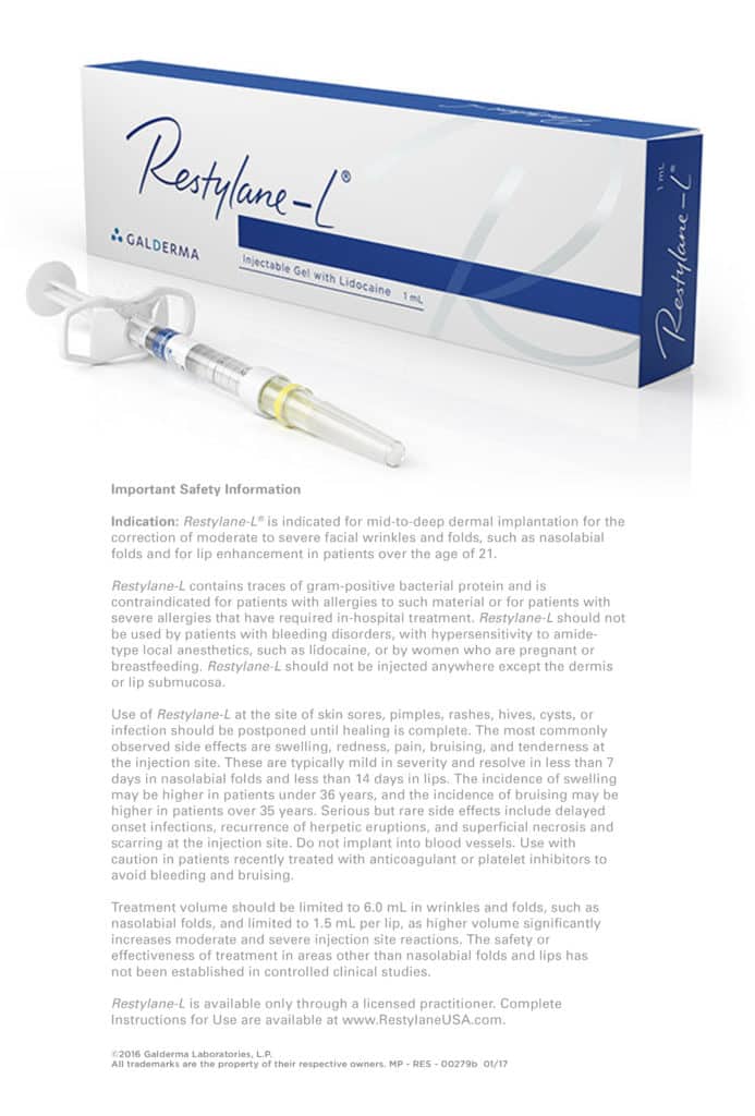 Hyaluronic acid filler, Restylane, is often used at The Naderi Center in Virginia and Maryland