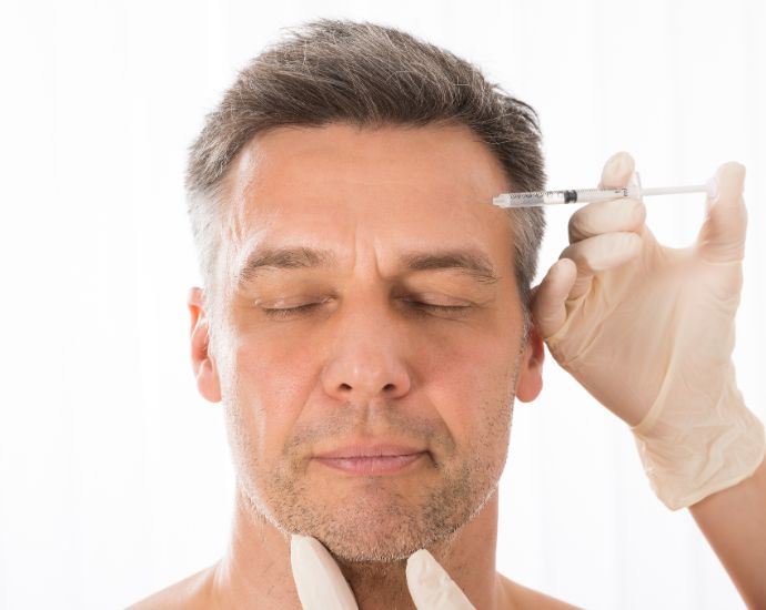 Middle-aged man receiving dermal filler injection near temple area during cosmetic procedure.