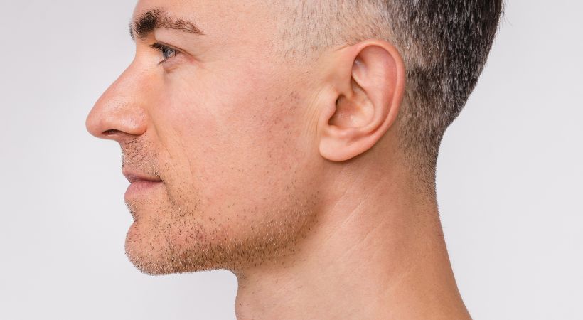 Side profile of a man with a sharp jawline enhanced by dermal fillers for facial definition and symmetry.