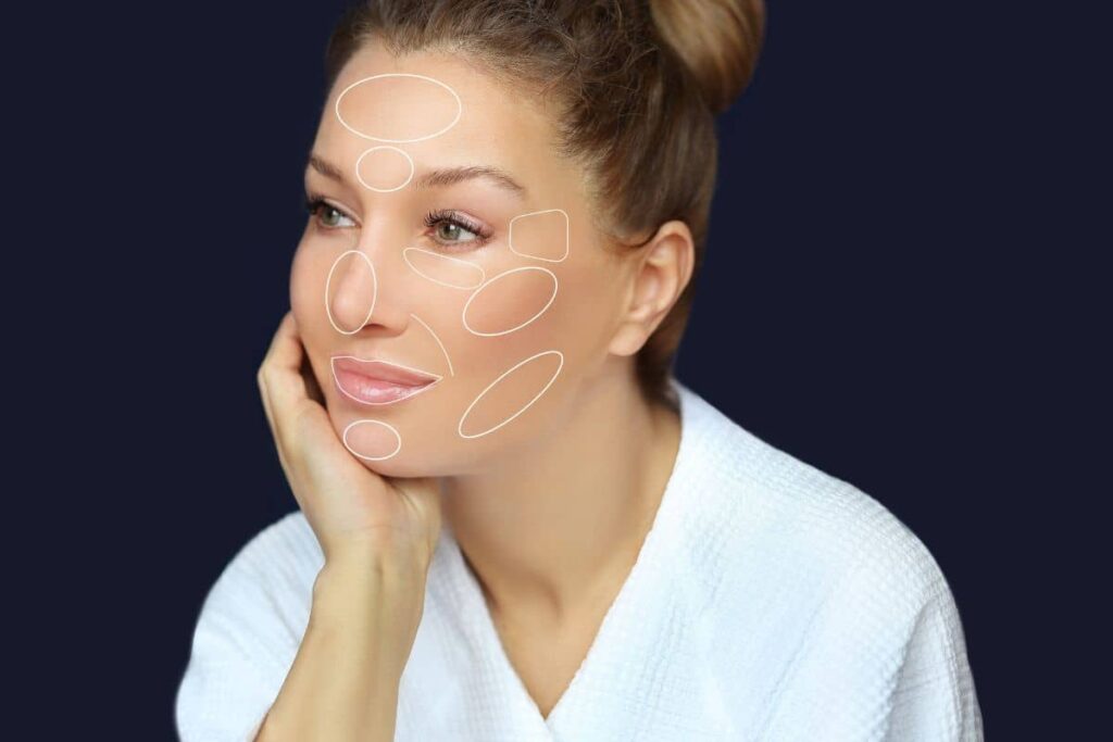 Woman’s face with outlined filler injection zones including lips, cheeks, and forehead, highlighting risk-prone areas.