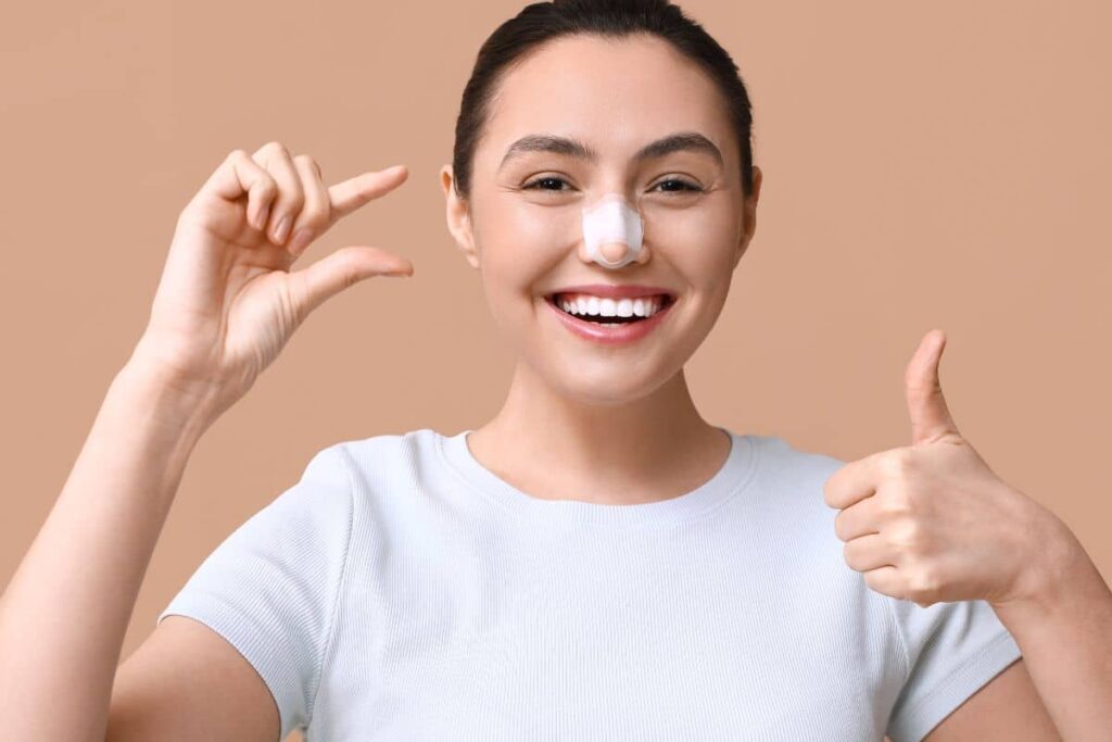 Smiling woman with nasal bandage showing thumbs up, highlighting post-rhinoplasty swelling control with steroids and taping