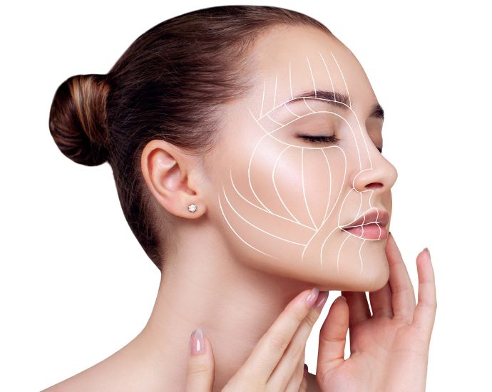 Woman’s face with contour lines illustrating areas where filler injections may cause unnatural or unsafe results