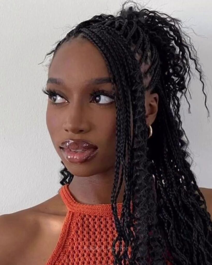 Woman with braided hairstyle and clear lip gloss, symbolizing ethnic pride and natural-looking rhinoplasty results.
