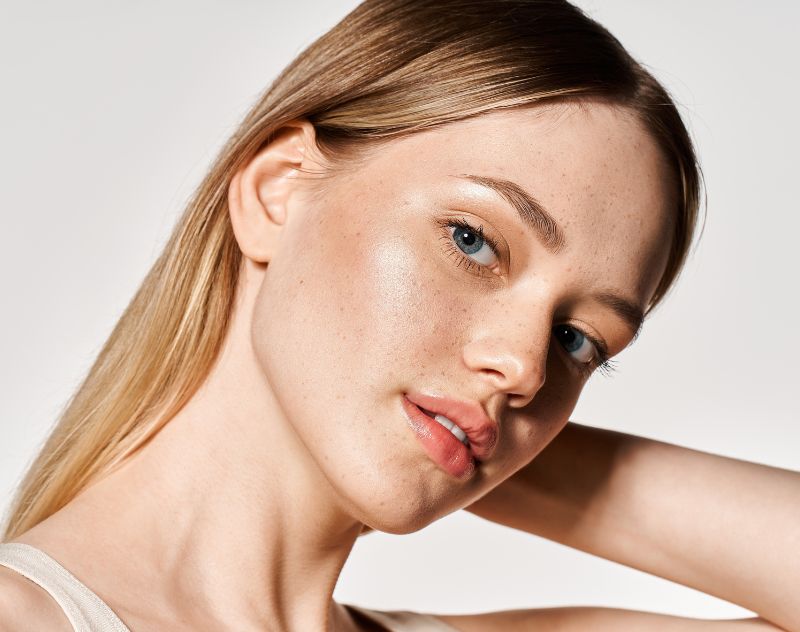 Close-up of woman with fair skin highlighting scar-free results from rhinoplasty on thin Caucasian skin.