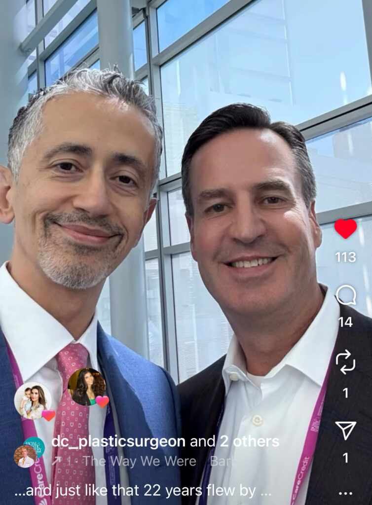 Two facial plastic surgeons smiling at a medical conference, highlighting collaboration and focus on patient safety.