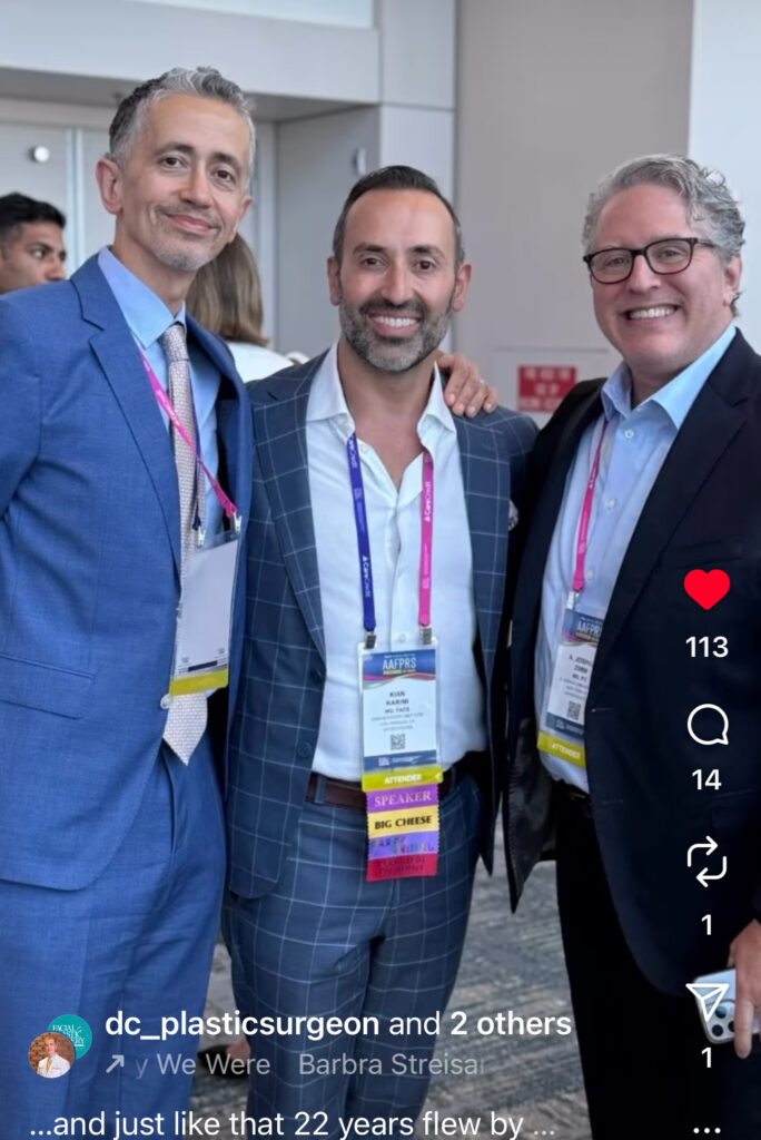 Group of facial plastic surgeons at AAFPRS 2025 conference, focusing on rhinoplasty, facelift, and eyelid surgery updates.