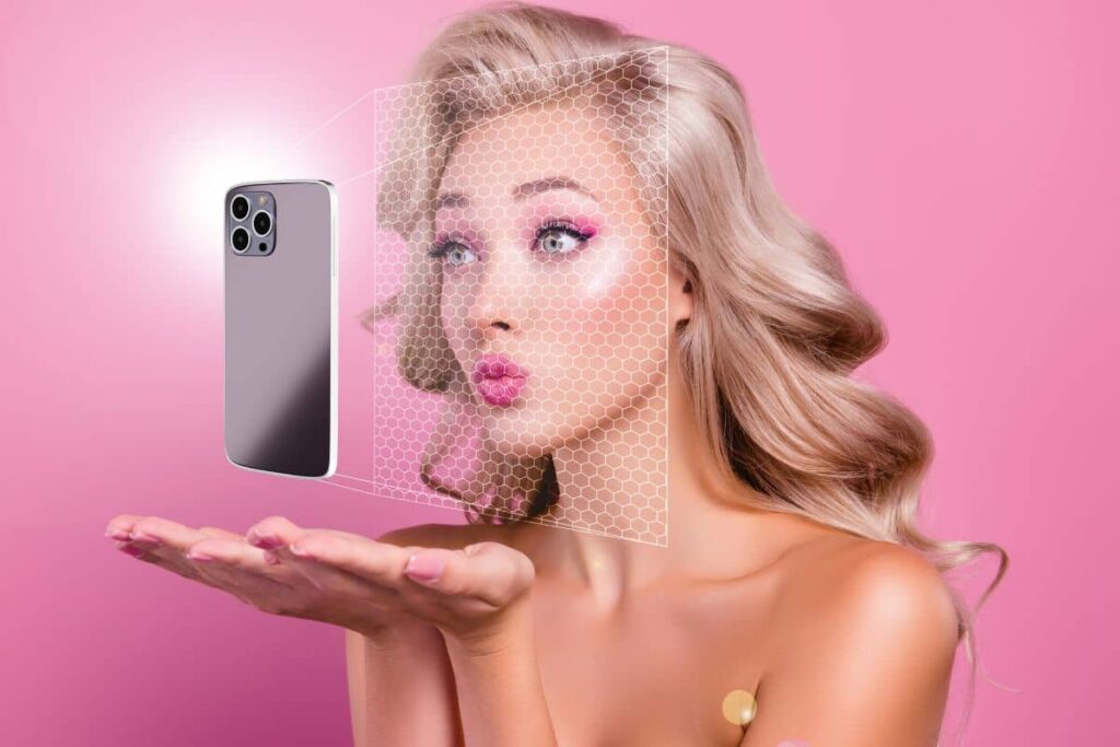 Woman imagining a filter-like transformation, highlighting the contrast between real facelifts and digital filter effects.