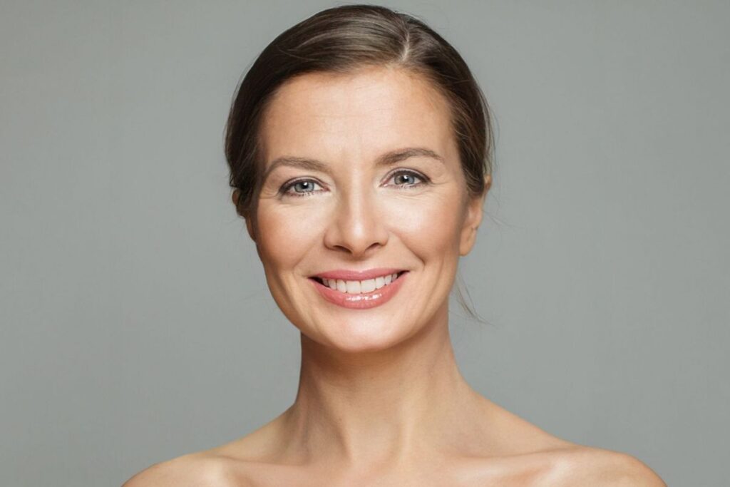 Mature woman smiling confidently, showcasing the emotional impact of facial balance and natural aesthetic harmony.