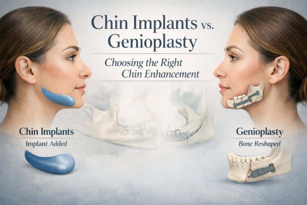 Side profile comparison of chin implants and genioplasty showing implant placement versus surgical bone reshaping for chin enhancement