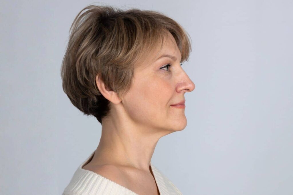 Woman side profile with smooth jawline and balanced features after natural deep plane facelift results