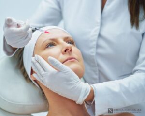 Physician in gloves giving a facial injection to a patient lying back in a treatment chair