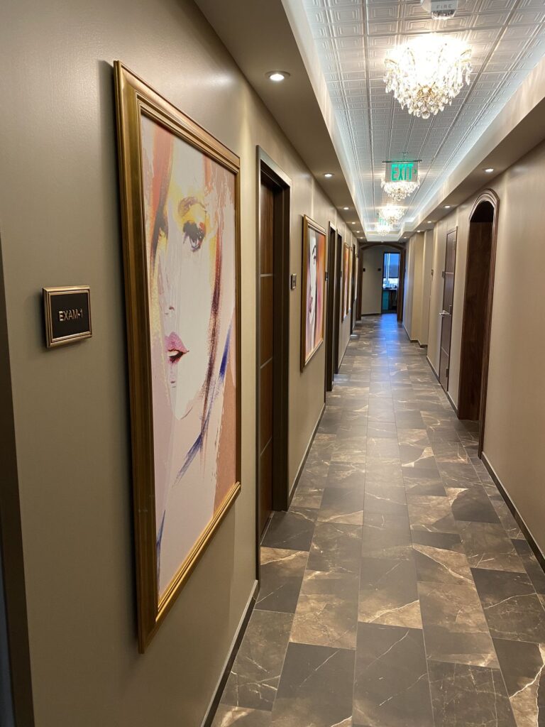 Art-lined hallway at The Naderi Center in Reston, Virginia