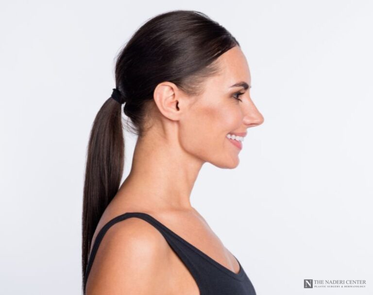 Side profile of a woman with a natural, balanced nose, illustrating rhinoplasty at The Naderi Center in the Washington DC area