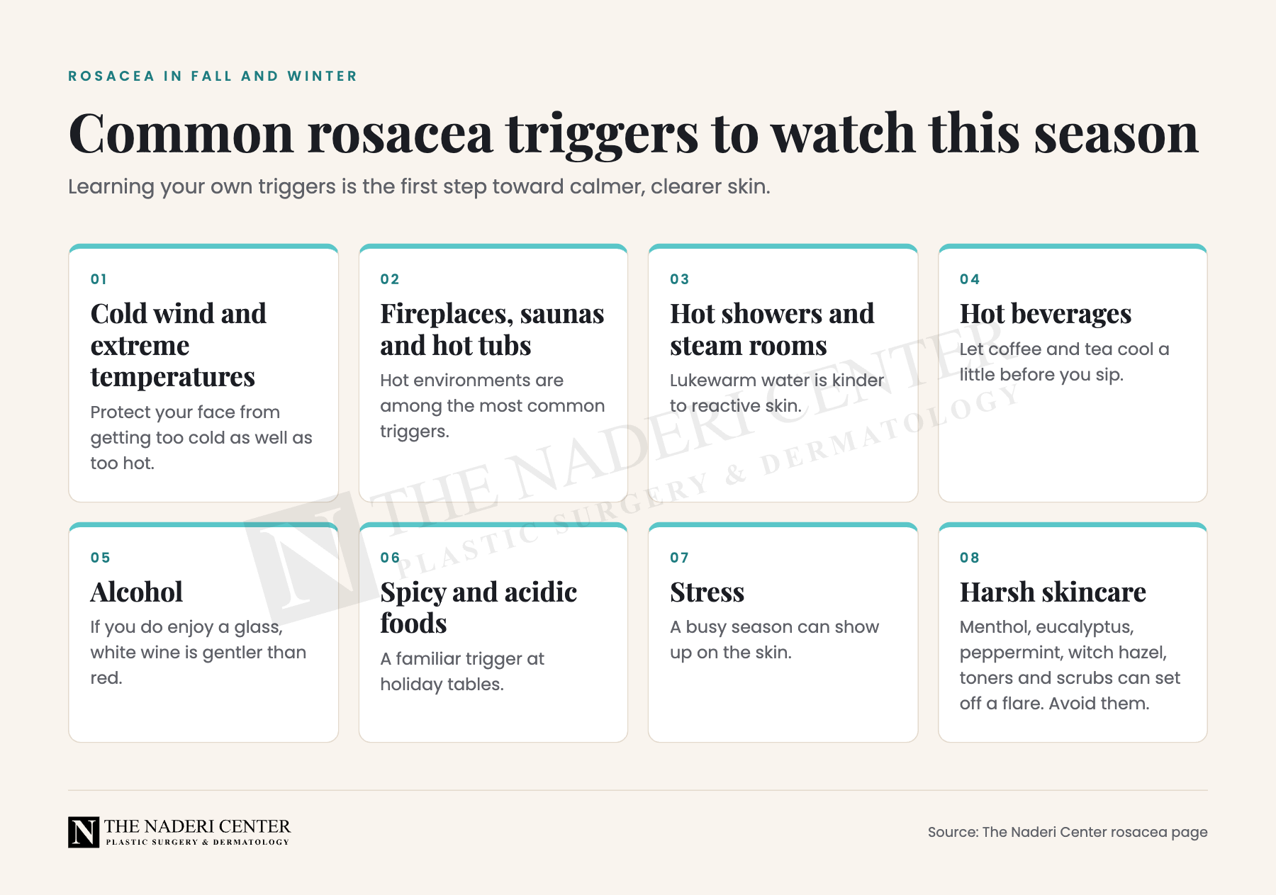 Guide to eight common rosacea triggers in fall and winter, from cold wind and fireplaces to alcohol and harsh skincare ingredients that can set off a flare